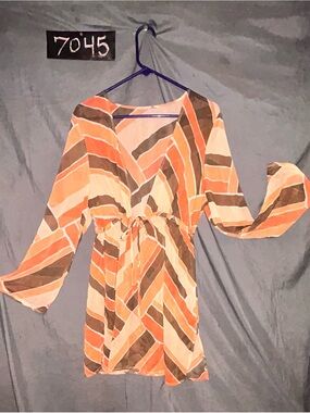 Striped Tie-Waist Chevron Tunic cover-up - Orange, Brown, Cream